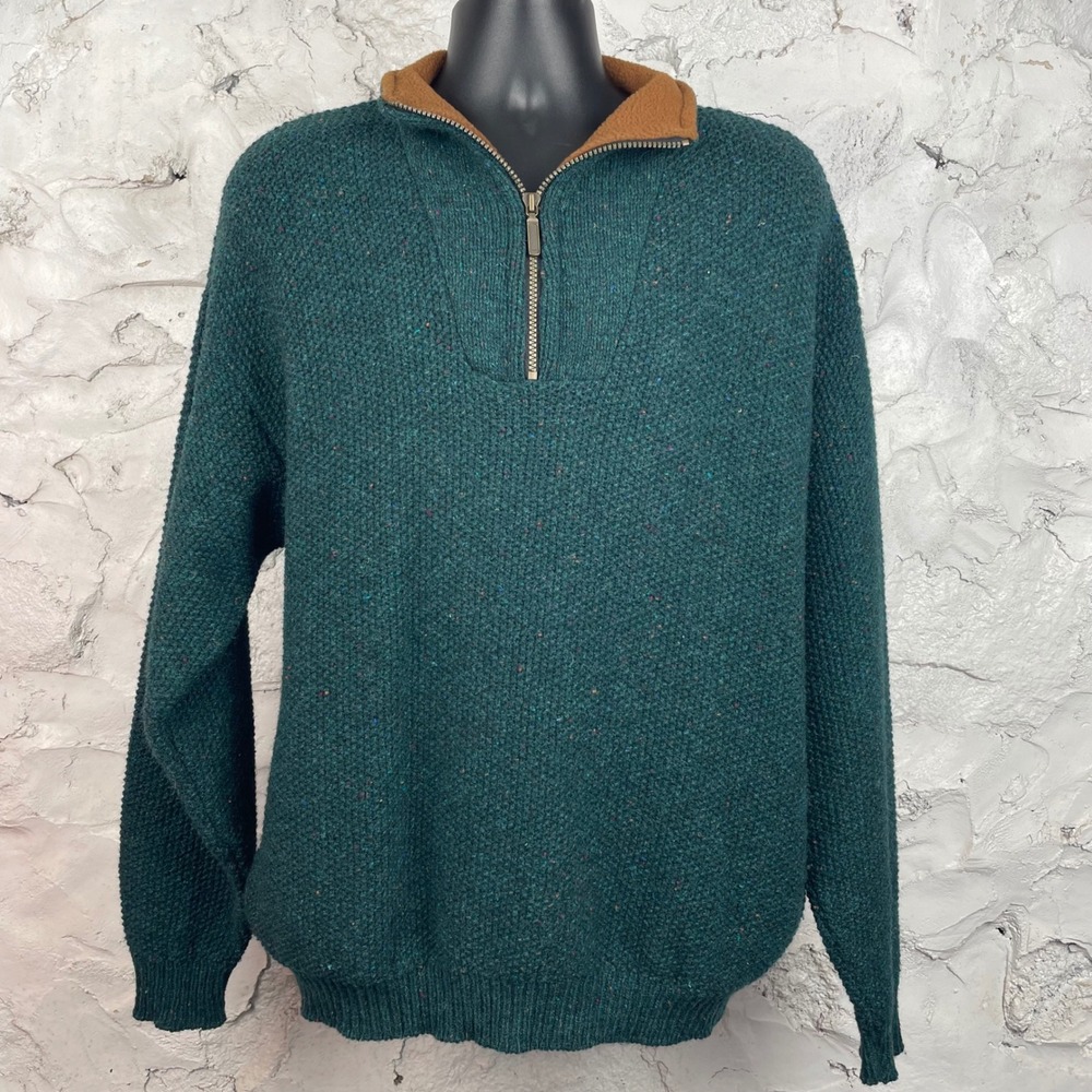 Orvis Mens Green Donegal Flecked Wool Blend Quarter Zip Sweater Large USA Made